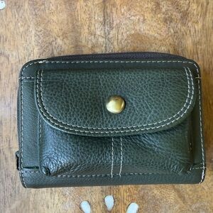 Green Leather Wallet with Brass Button